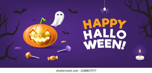 Happy Halloween Banner with Scary Pumpkin and Trick or Treat Candies Background. Vector Illustration. Landscape