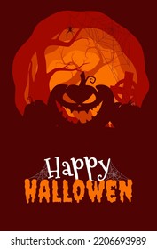 Happy Halloween. Banner with scary silhouettes of trees, graves and abandoned buildings. Halloween background. Vector illustration