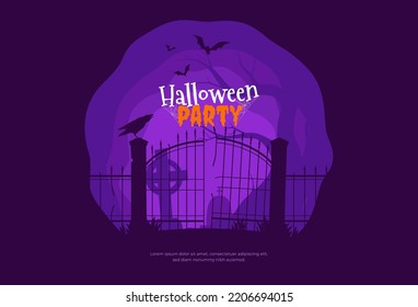 Happy Halloween. Banner with scary silhouettes of trees, graves and abandoned buildings. Halloween background. Vector illustration