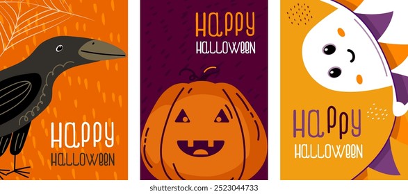 Happy Halloween banner set. Card with crow, evil pumpkin, funny ghost. Evil Jack-o-lantern, ghost with bunting, raven on the orange background of the spider web