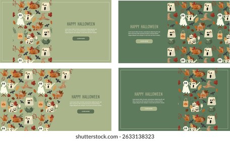 Happy Halloween banner set with ghosts pumpkins and autumn leaves pattern. Festive greeting card designs perfect for social media marketing campaigns and seasonal promotions. Vector illustration