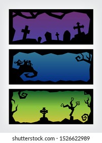 happy halloween banner set, night party greeting, black frame silhouette, vector illustration