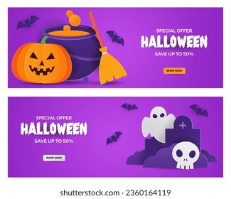 Happy Halloween Banner Set with Pumpkin, cauldron, broom, bats, grave, skull and Ghost in Paper Cut Style. Halloween Vector Illustration on Purple Background.