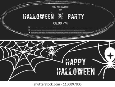 Happy halloween banner set of vector design october holiday horror night illustration. Scary celebration spooky autumn party invitation with spider web.