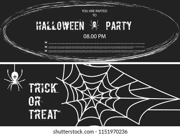 Happy halloween banner set of vector design october holiday horror night illustration. Scary celebration spooky autumn party invitation with spider web.