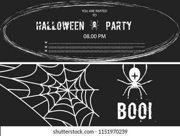 Happy halloween banner set of vector design october holiday horror night illustration. Scary celebration spooky autumn party invitation with spider web.