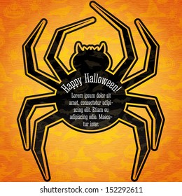 Happy halloween banner in the shape of spider, with place for your text. Background with shapes of pumpkins, witches, bats, spiders, hats. Vector.