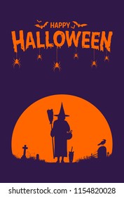 Happy Halloween banner, Silhouette of a witch walking towards sunset