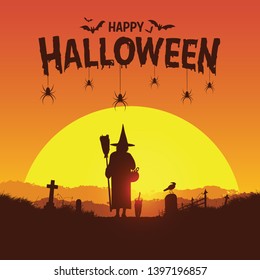 Happy Halloween banner, Silhouette of a witch walking towards sunset