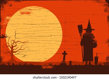 Happy Halloween banner, Silhouette of a witch walking towards sunset on  wooden board, Vector Illustration