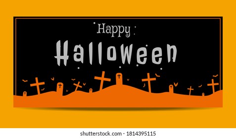 Happy Halloween Banner with Silhouettes of Graveyard on Dark Background. Template for Advertising brochure