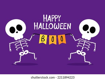 Happy Halloween banner. Halloween skeleton cartoon vector. Cute skeleton holding bunting flag Boo. Happy Halloween. Skeleton cartoon character.