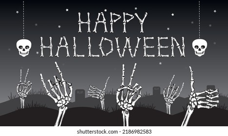 Happy halloween banner with skeleton hands with  peace, rock and like gestures. Vector illustration.
