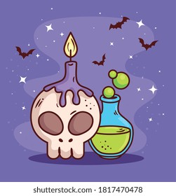 happy halloween banner and skull, candle and posion magic vector illustration design