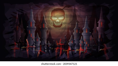 Happy halloween banner with skull, moon, fateful castle, vector illustration