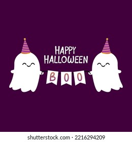 Happy Halloween banner. Halloween spooky cartoon vector. Flying ghost spirit holding bunting flag Boo. Happy Halloween. Scary white ghosts. Cute cartoon spooky character.