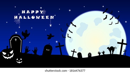 Happy Halloween banner with spooky pumpkins on cemetery. scary night background with zombie and moon.