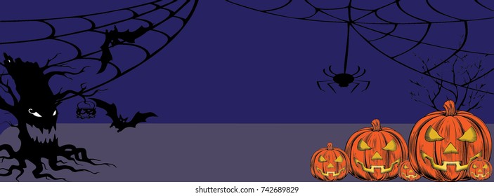 happy halloween banner with spooky tree and pumpkin