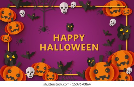 Happy Halloween banner with square frame and paper cut out holiday symbols - pumpkins, bats, owls and spiders. Halloween greeting card background vector illustration.