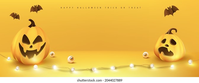 Happy Halloween banner Studio room product display with copy space and pumpkins Festive Elements Halloween