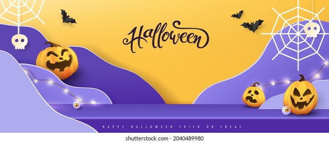 Happy Halloween banner Studio table room product display with copy space