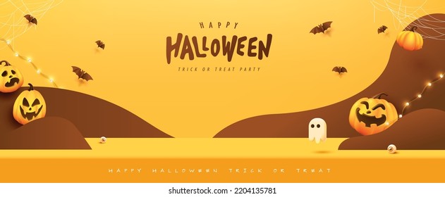 Happy Halloween banner Studio table room product display with copy space