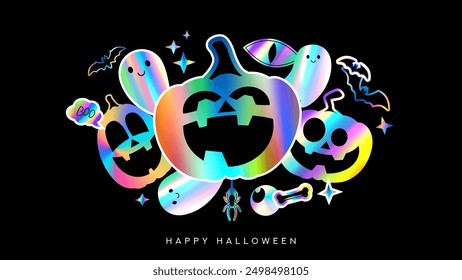 Happy Halloween banner template. Bright vector illustration with iridescent foil adhesive stickers of pumpkins, ghosts, bats in y2k style for decoration poster, social media, web. Trendy flat stickers