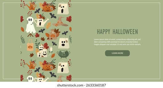 Happy Halloween banner template with cute autumn elements. Ghosts pumpkins bats leaves pattern design. Perfect for seasonal marketing campaigns greeting cards social media posts websites. Vector 