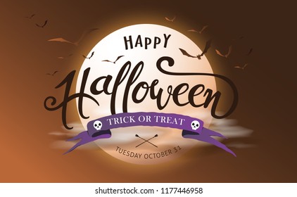 Happy Halloween banner template decor with flying bats Glowing At Moonlight.banners party invitation.Vector illustration .