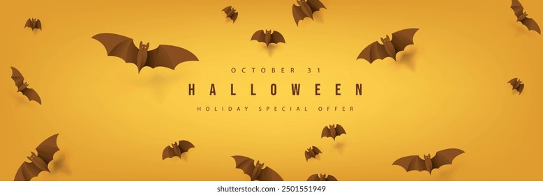 Happy Halloween banner template with flock of bats flying on orange background