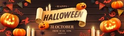 Happy Halloween Banner Template With Halloween Pumpkin And Halloween Elements On Wood Background. Website Spooky,Background Or Banner Halloween Template