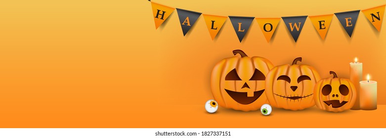 Happy Halloween Banner template with Pumpkin and place for text. Can be used as party invitation or web banner. Vector Illustration