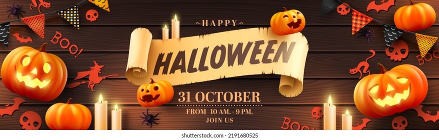 Happy Halloween banner template with halloween pumpkin and Halloween Elements on wood background. Website spooky,Background or banner Halloween template
