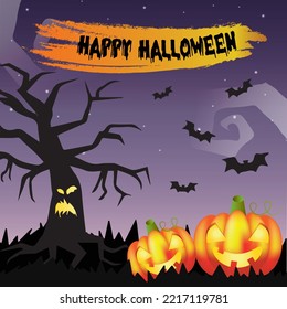Happy Halloween banner template with Halloween pumpkin, tree and bet. vector illustration.