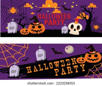 Happy Halloween banner template with halloween pumpkin and Halloween Elements on wood background. Website spooky,Background or banner Halloween template