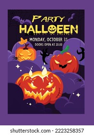 Happy Halloween banner template with halloween pumpkin and Halloween Elements on wood background. Website spooky,Background or banner Halloween template
