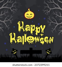 Happy Halloween banner template with halloween pumpkin and Halloween Elements on wood background