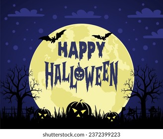 Happy Halloween banner template with halloween pumpkin and Halloween Elements on wood background