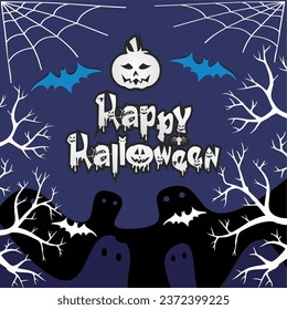 Happy Halloween banner template with halloween pumpkin and Halloween Elements on wood background