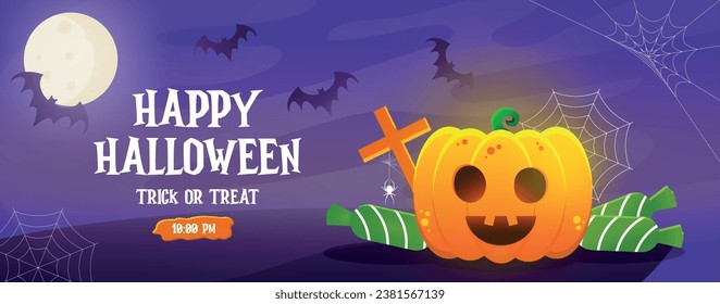 Happy Halloween banner template with halloween pumpkin, full moon, spider web and flying bat. Vector illustration. Website spooky or banner template. Place for text.         