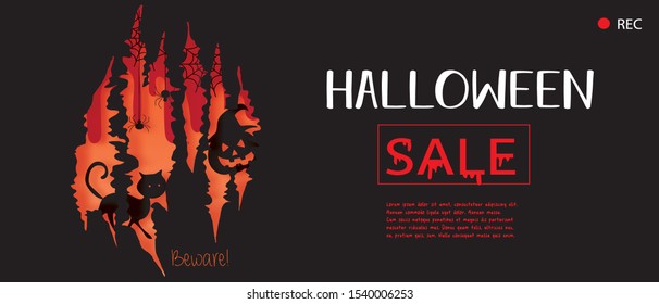 Happy Halloween banner template sale in paper cut style. Vector illustration. 