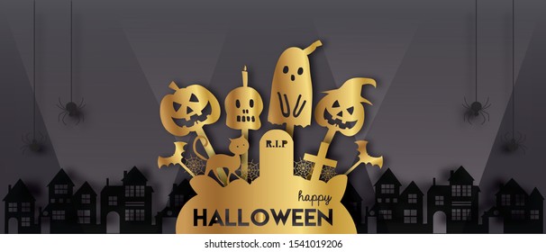 Happy Halloween banner template sale in paper cut style. Vector illustration. 