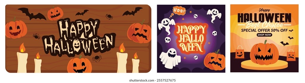 Happy Halloween banner template. Spooky Ghosts and Pumpkins. Halloween Sale Promotion Poster. Set flat vector modern illustration  