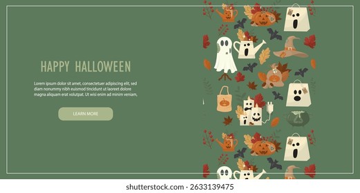 Happy Halloween banner template with white cute pattern of ghosts pumpkins and autumn elements. Green design layout perfect for seasonal greeting cards. Eco-friendly halloween. Vector illustration