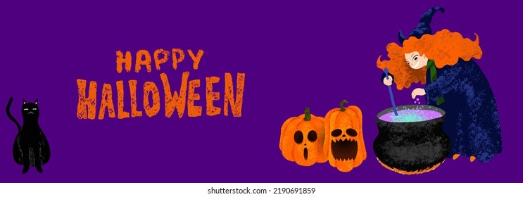 Happy Halloween banner template with witch cooking the potion in the cauldron. Hand drawn vector illustration with pumpkins and black cat on purple background. Chalk Lettering with grunge effect