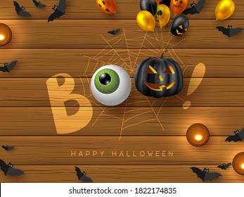 Happy Halloween banner with text Boo. Glossy balloons with monster faces, eye, pumpkin, flying bats and candles. Handwritten lettering with eye on wooden background. Vector illustration.