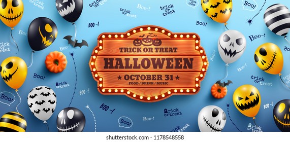 Happy Halloween Banner and Halloween text vintage wooden board   Halloween Ghost Balloons blue background Scary air balloons Website spooky banner  template Vector illustration EPS10