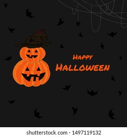 Happy Halloween Banner with Halloween text on a black background with the presence of pumpkins and bats. Website spooky or banner template.Vector illustration.