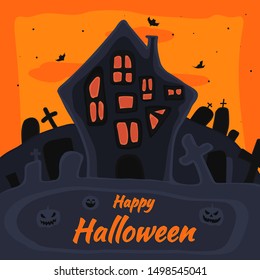 Happy Halloween Banner with Halloween text on a background the creepy house cemetery presence of pumpkins and bats. Website spooky or banner template.Vector illustration.