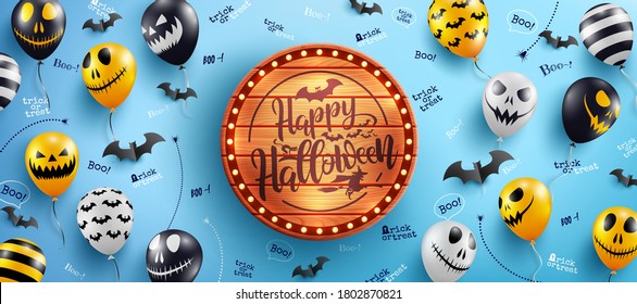 Happy Halloween Banner with Halloween text on vintage wooden board and Halloween Ghost Balloons on blue background.Scary air balloons.Website spooky or banner  template.Vector illustration EPS10